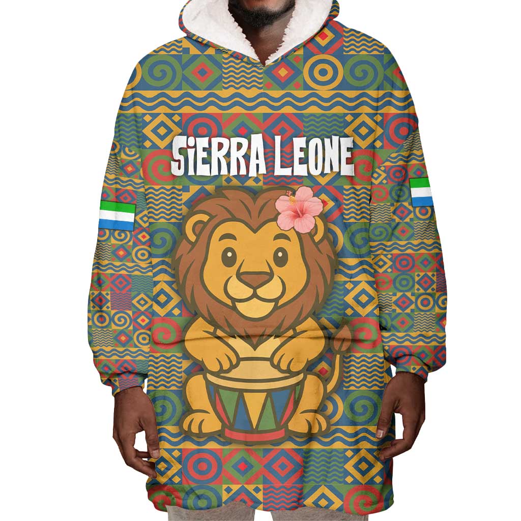 Sierra Leone Wearable Blanket Hoodie - Cute Lion Playing Djembe Drum and Tribal Pattern Design TS04