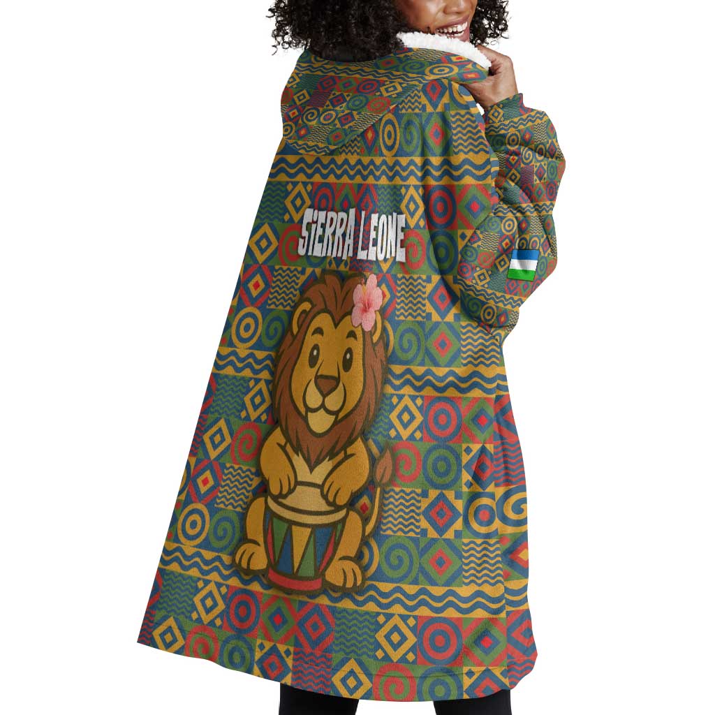 Sierra Leone Wearable Blanket Hoodie - Cute Lion Playing Djembe Drum and Tribal Pattern Design TS04