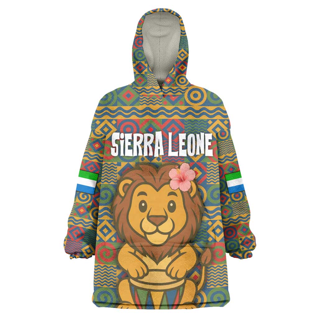 Sierra Leone Wearable Blanket Hoodie - Cute Lion Playing Djembe Drum and Tribal Pattern Design TS04