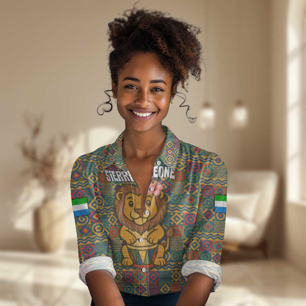 Sierra Leone Women Casual Shirt - Cute Lion Playing Djembe Drum and Tribal Pattern Design TS04