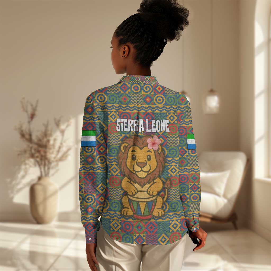 Sierra Leone Women Casual Shirt - Cute Lion Playing Djembe Drum and Tribal Pattern Design TS04