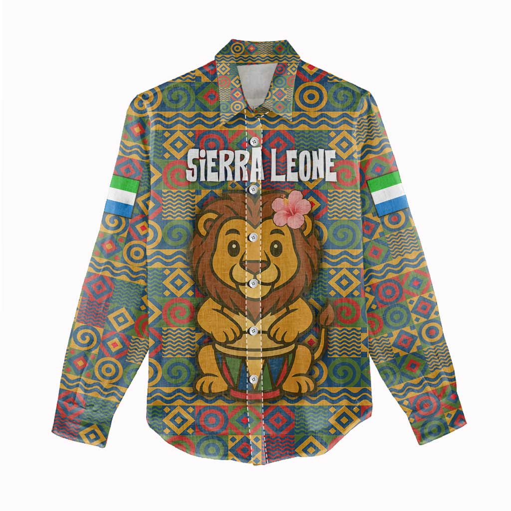 Sierra Leone Women Casual Shirt - Cute Lion Playing Djembe Drum and Tribal Pattern Design TS04
