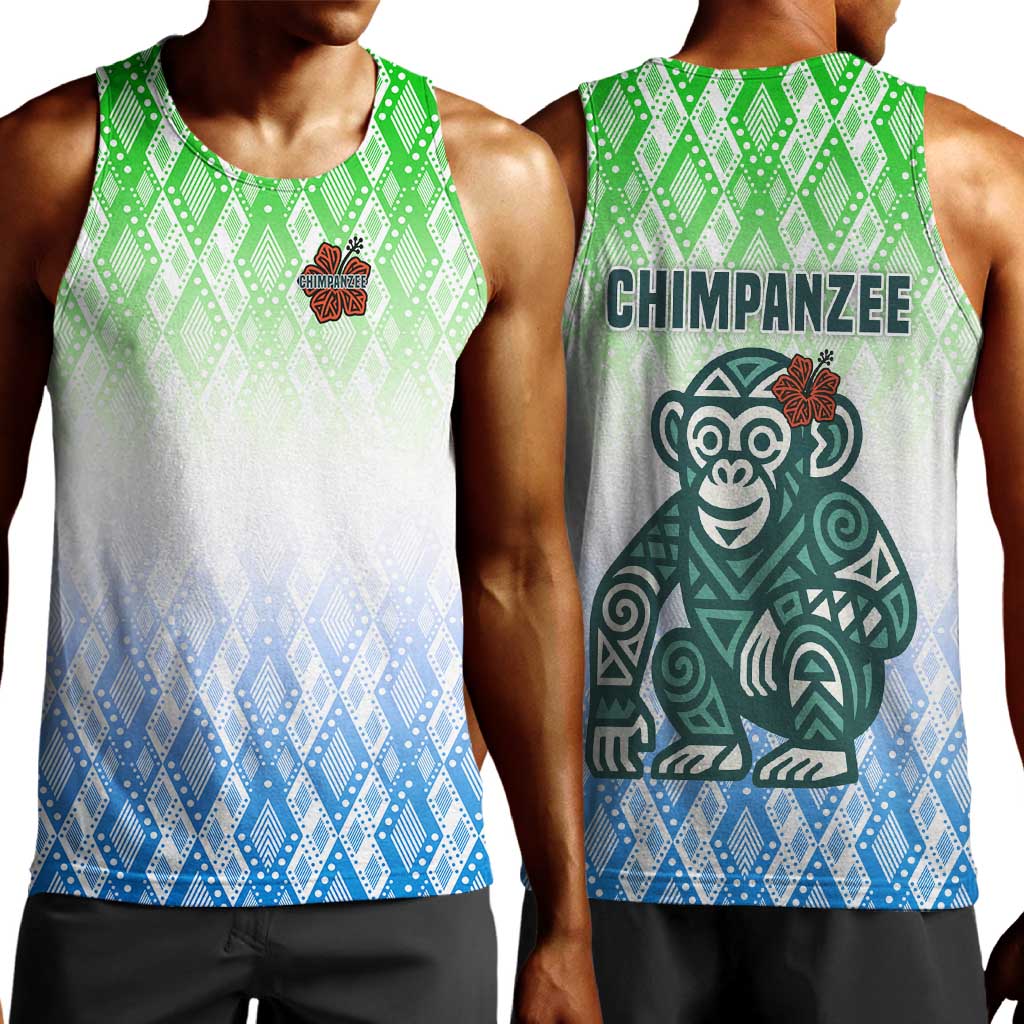Sierra Leone Men Tank Top - Tribal Chimpanzee Design and Green Blue Gradient Pattern TS04