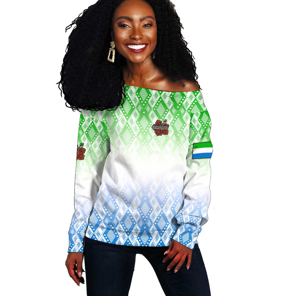 Sierra Leone Off Shoulder Sweater - Tribal Chimpanzee Design and Green Blue Gradient Pattern TS04