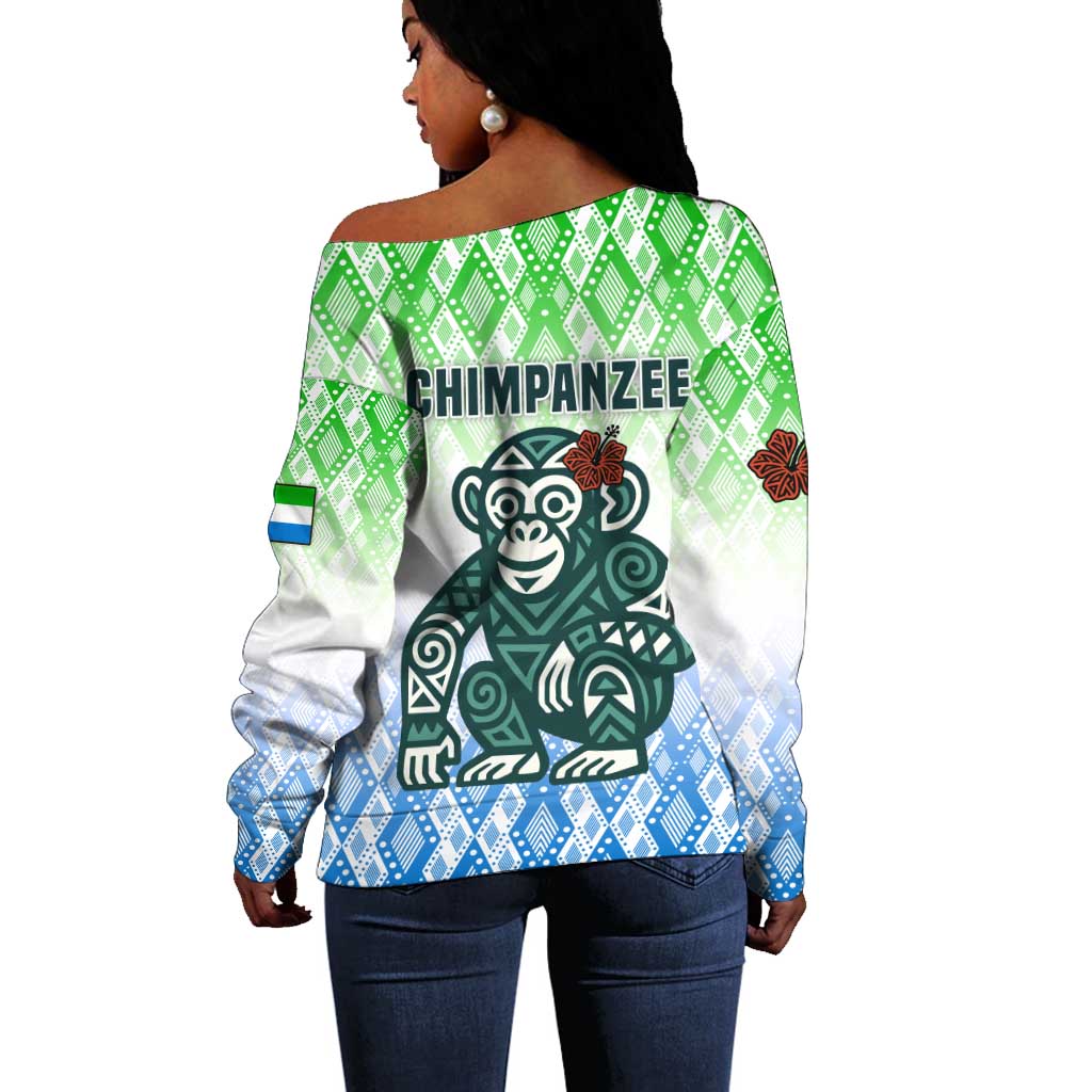 Sierra Leone Off Shoulder Sweater - Tribal Chimpanzee Design and Green Blue Gradient Pattern TS04