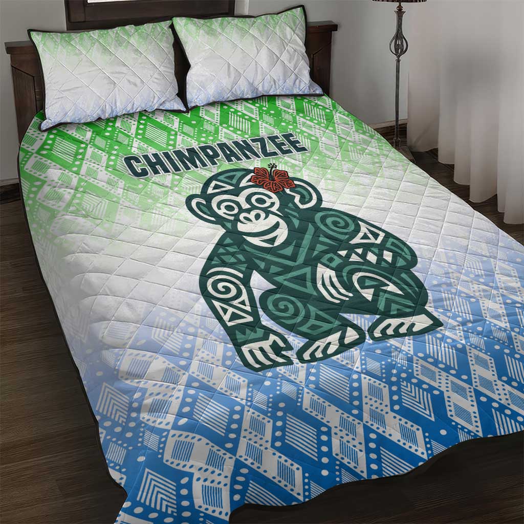 Sierra Leone Quilt Bed Set - Tribal Chimpanzee Design and Green Blue Gradient Pattern TS04