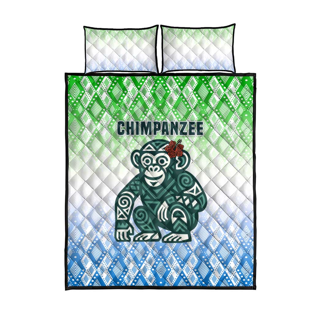 Sierra Leone Quilt Bed Set - Tribal Chimpanzee Design and Green Blue Gradient Pattern TS04