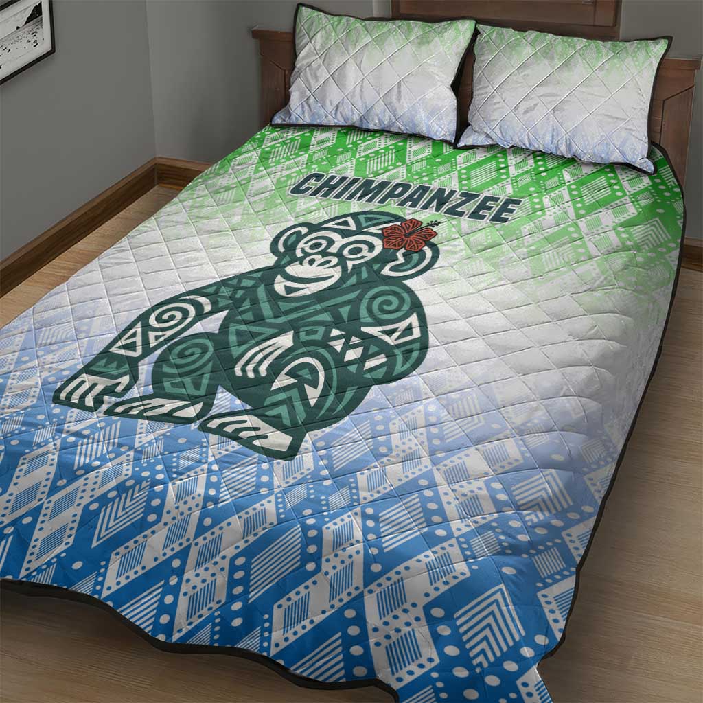 Sierra Leone Quilt Bed Set - Tribal Chimpanzee Design and Green Blue Gradient Pattern TS04