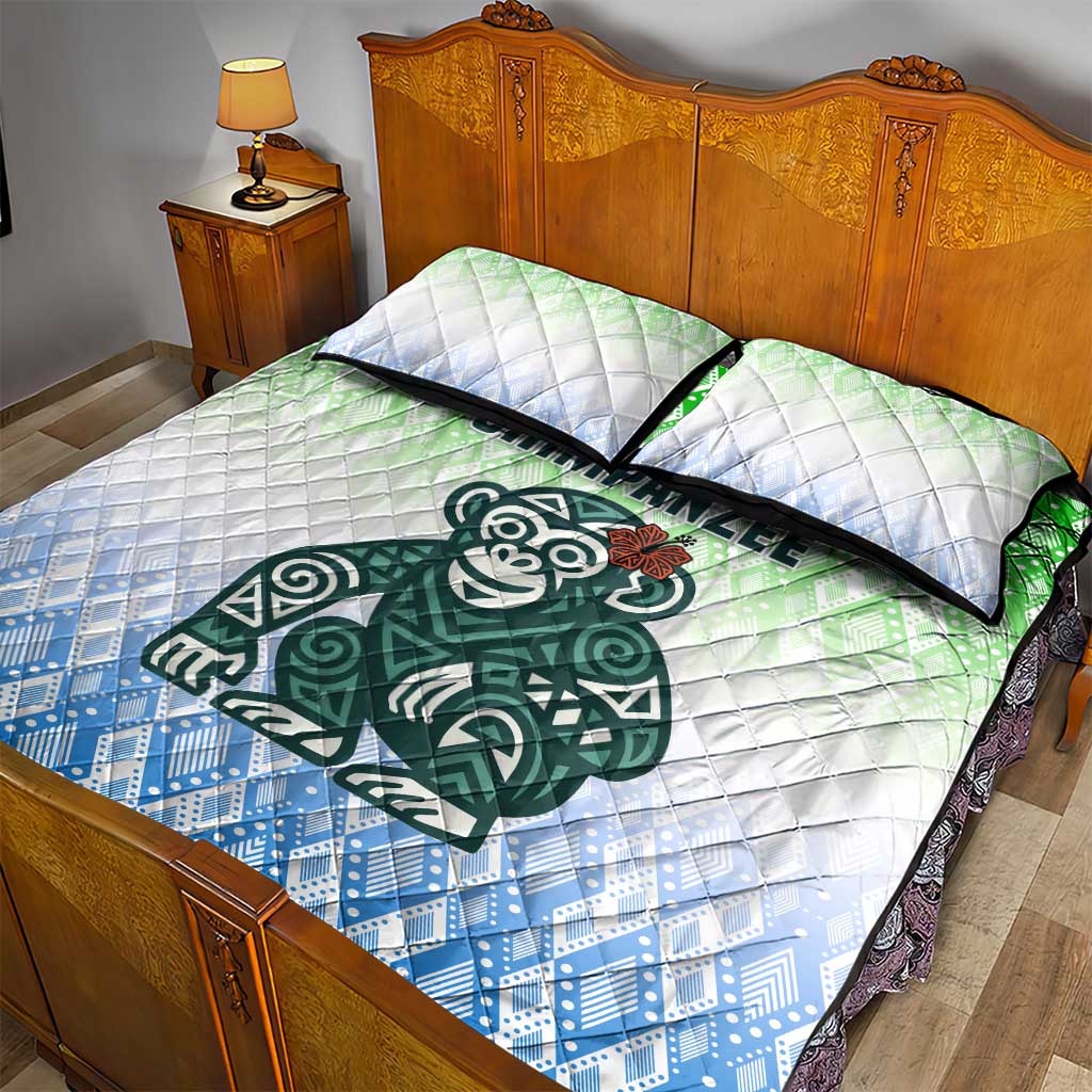 Sierra Leone Quilt Bed Set - Tribal Chimpanzee Design and Green Blue Gradient Pattern TS04