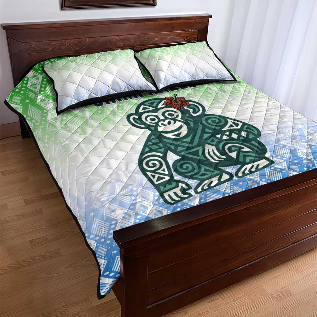 Sierra Leone Quilt Bed Set - Tribal Chimpanzee Design and Green Blue Gradient Pattern TS04