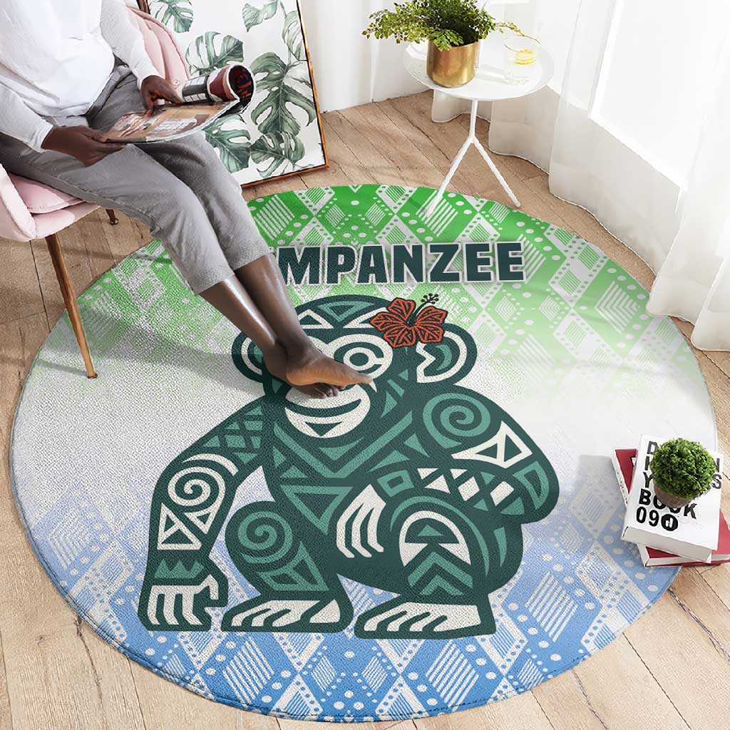 Sierra Leone Round Carpet - Tribal Chimpanzee Design and Green Blue Gradient Pattern TS04