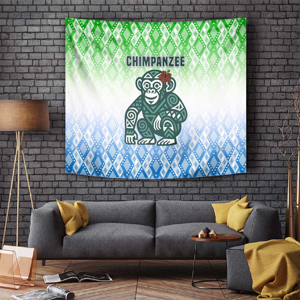 Sierra Leone Tapestry - Tribal Chimpanzee Design and Green Blue Gradient Pattern TS04
