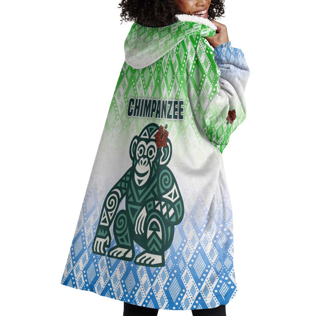 Sierra Leone Wearable Blanket Hoodie - Tribal Chimpanzee Design and Green Blue Gradient Pattern TS04