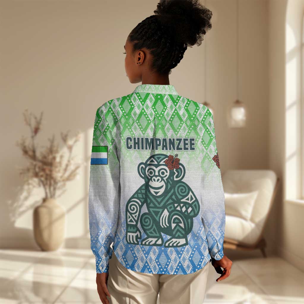 Sierra Leone Women Casual Shirt - Tribal Chimpanzee Design and Green Blue Gradient Pattern TS04