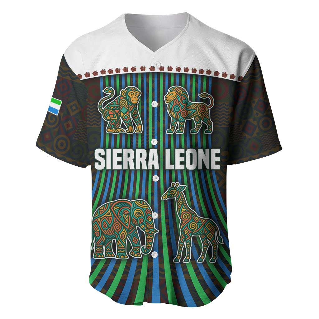 Sierra Leone Baseball Jersey - Tribal Animal Pattern Featuring Lion Elephant Giraffe and Monkey TS04