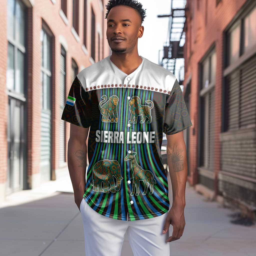 Sierra Leone Baseball Jersey - Tribal Animal Pattern Featuring Lion Elephant Giraffe and Monkey TS04