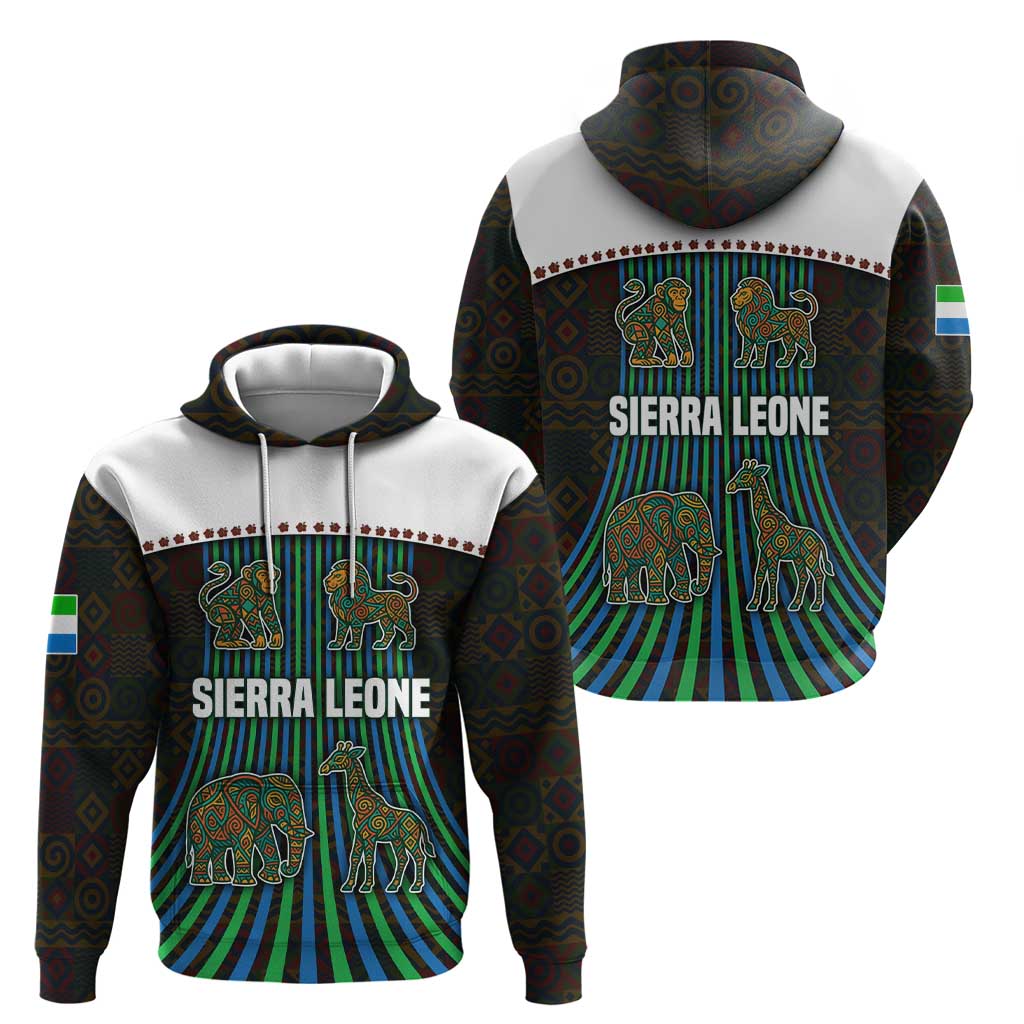 Sierra Leone Hoodie with Tribal Animal Pattern Featuring Lion Elephant Giraffe and Monkey TS04