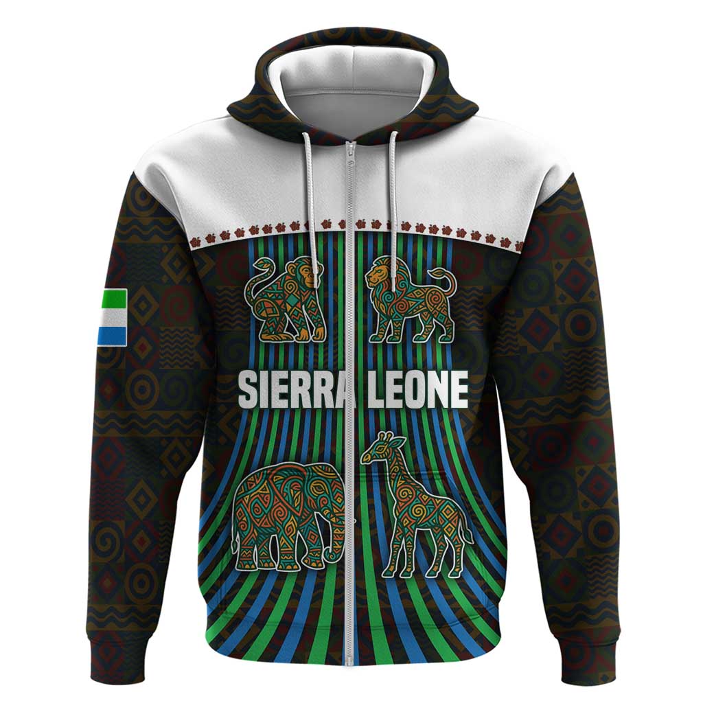 Sierra Leone Hoodie with Tribal Animal Pattern Featuring Lion Elephant Giraffe and Monkey TS04