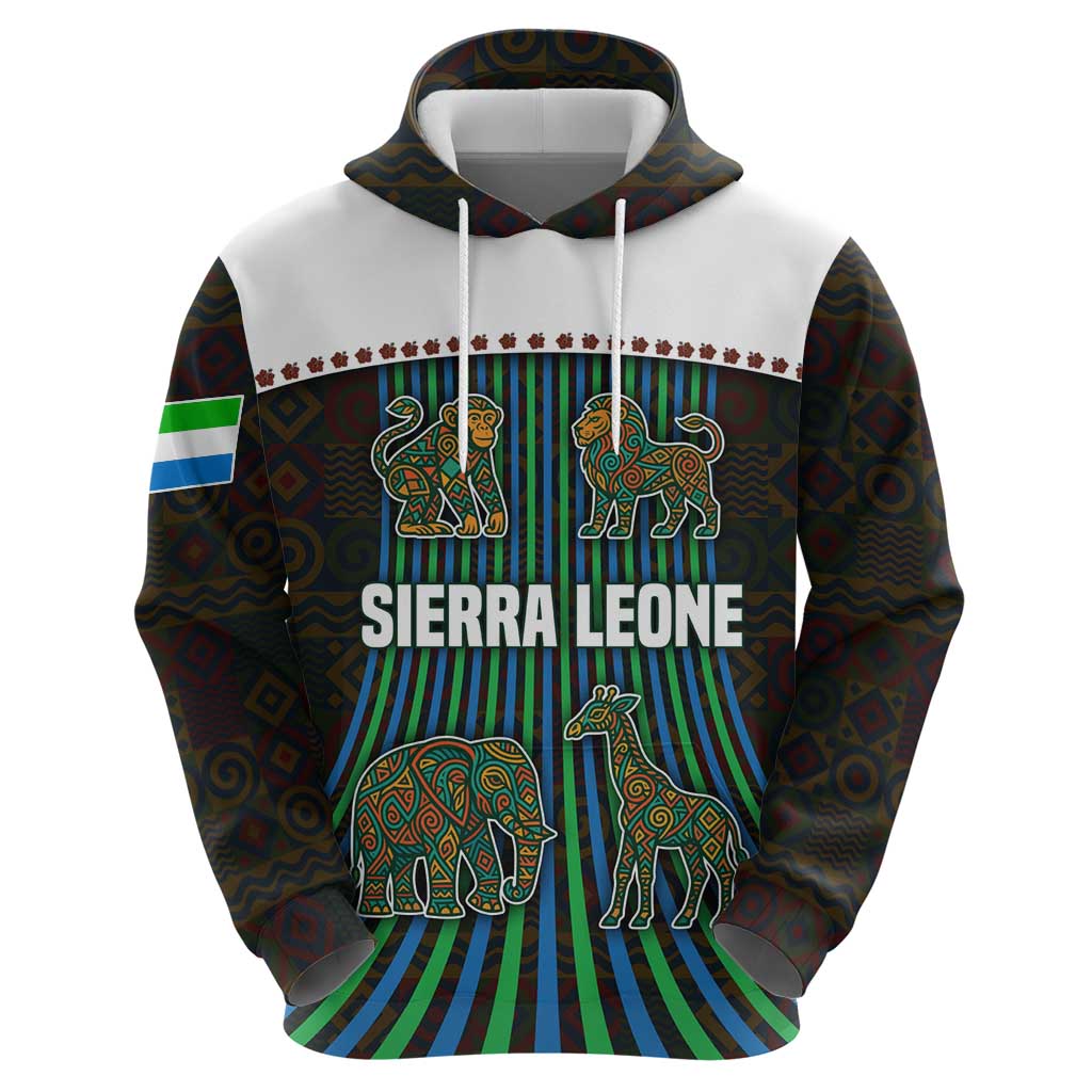 Sierra Leone Hoodie with Tribal Animal Pattern Featuring Lion Elephant Giraffe and Monkey TS04