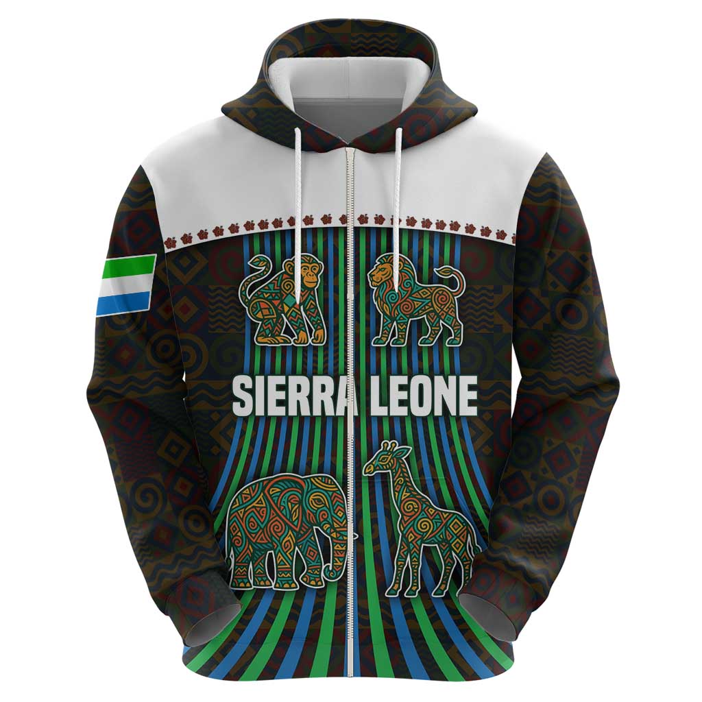 Sierra Leone Hoodie with Tribal Animal Pattern Featuring Lion Elephant Giraffe and Monkey TS04