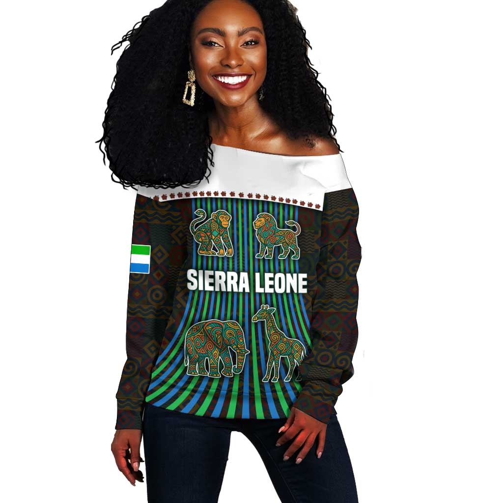 Sierra Leone Off Shoulder Sweater - Tribal Animal Pattern Featuring Lion Elephant Giraffe and Monkey TS04