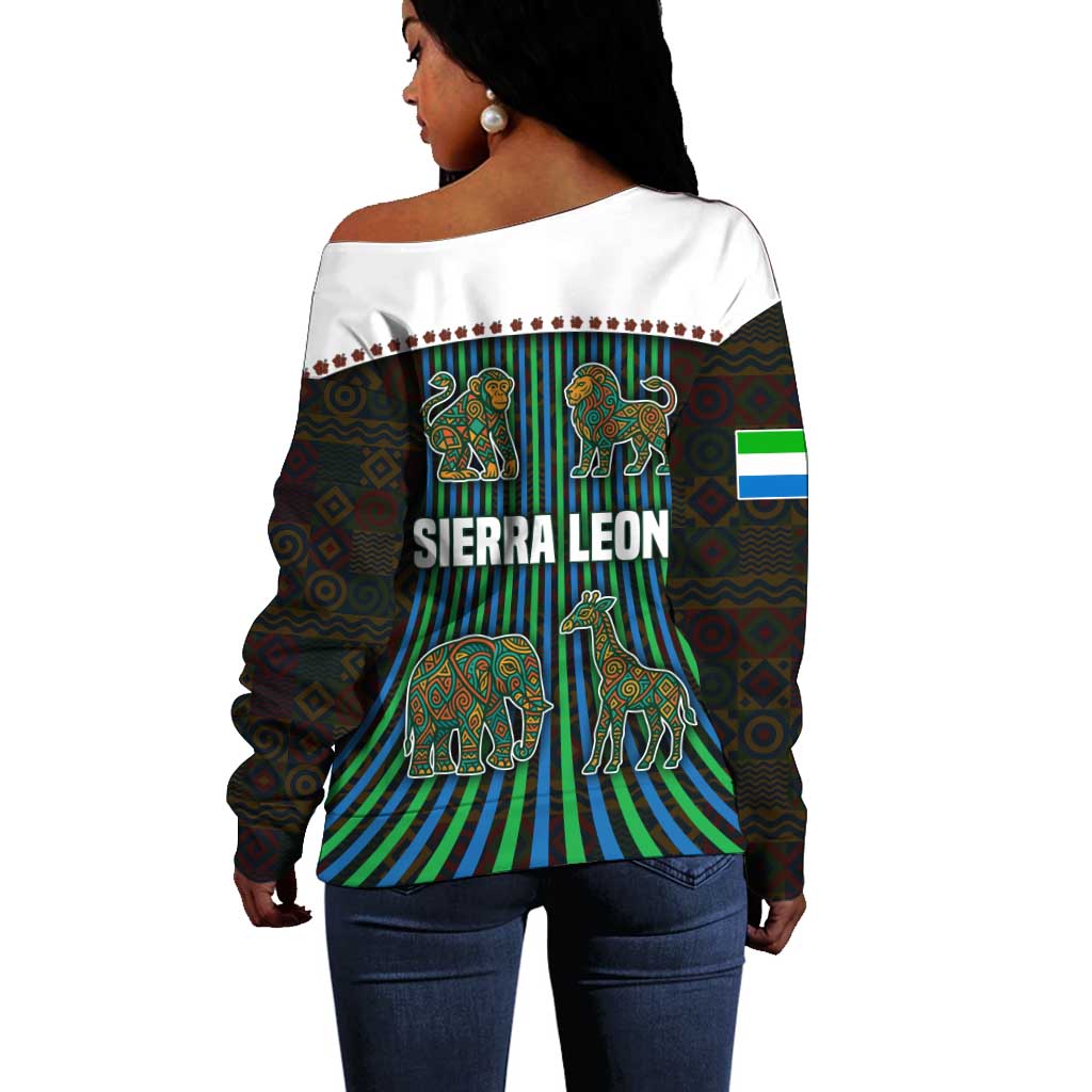 Sierra Leone Off Shoulder Sweater - Tribal Animal Pattern Featuring Lion Elephant Giraffe and Monkey TS04