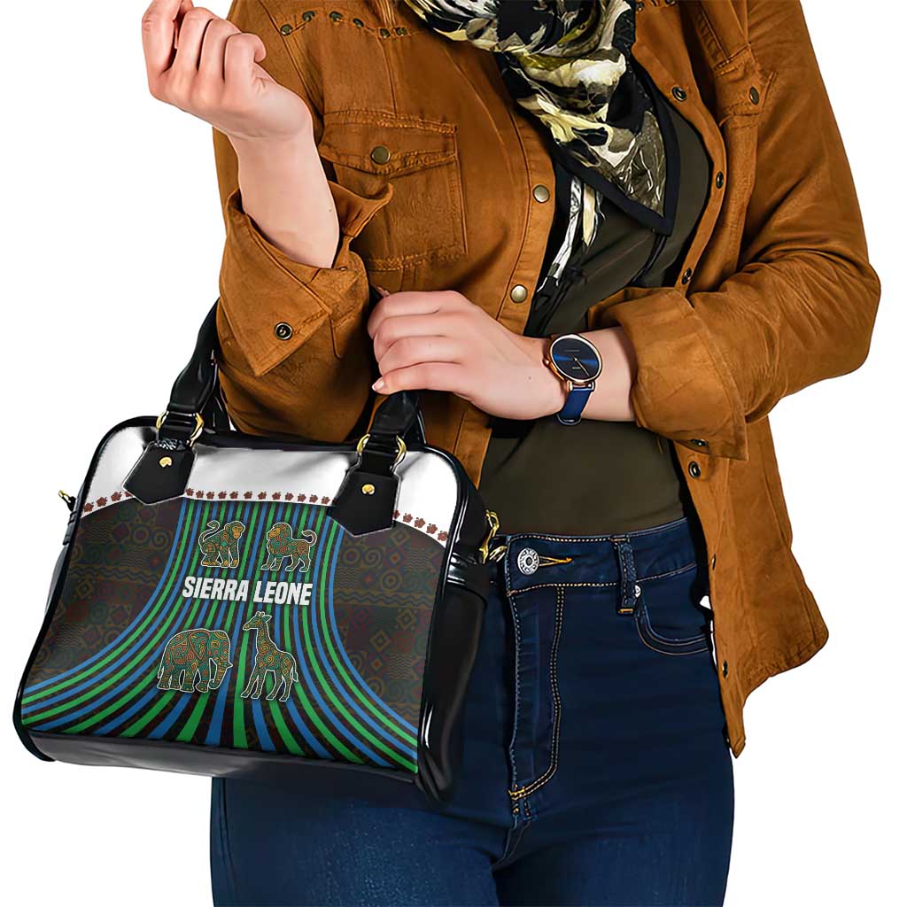 Sierra Leone Shoulder Handbag with Tribal Animal Pattern Featuring Lion Elephant Giraffe and Monkey TS04