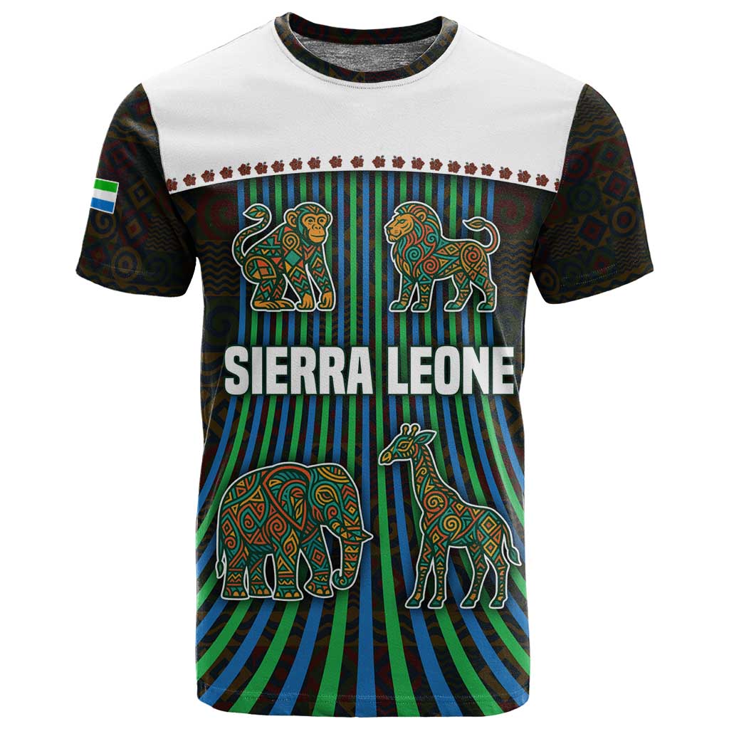 Sierra Leone T shirt - Tribal Animal Pattern Featuring Lion Elephant Giraffe and Monkey TS04
