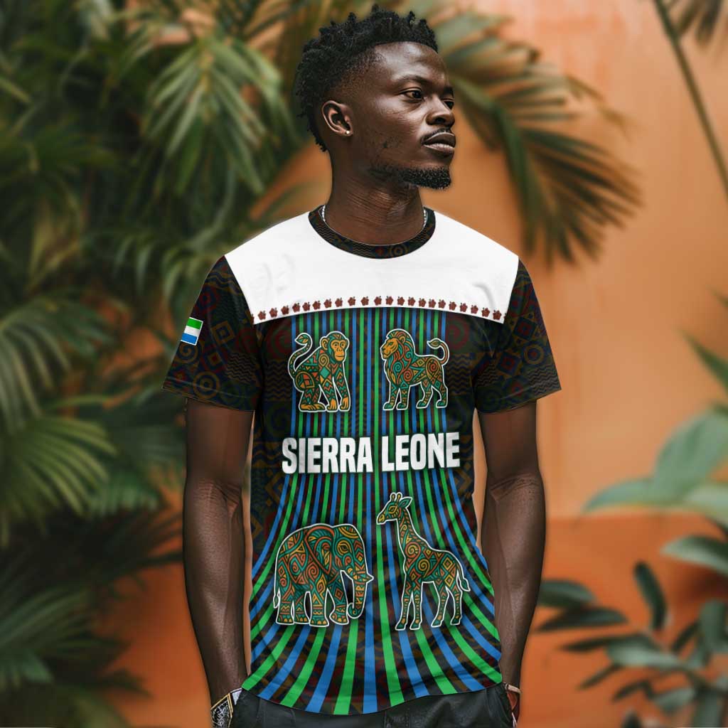 Sierra Leone T shirt - Tribal Animal Pattern Featuring Lion Elephant Giraffe and Monkey TS04