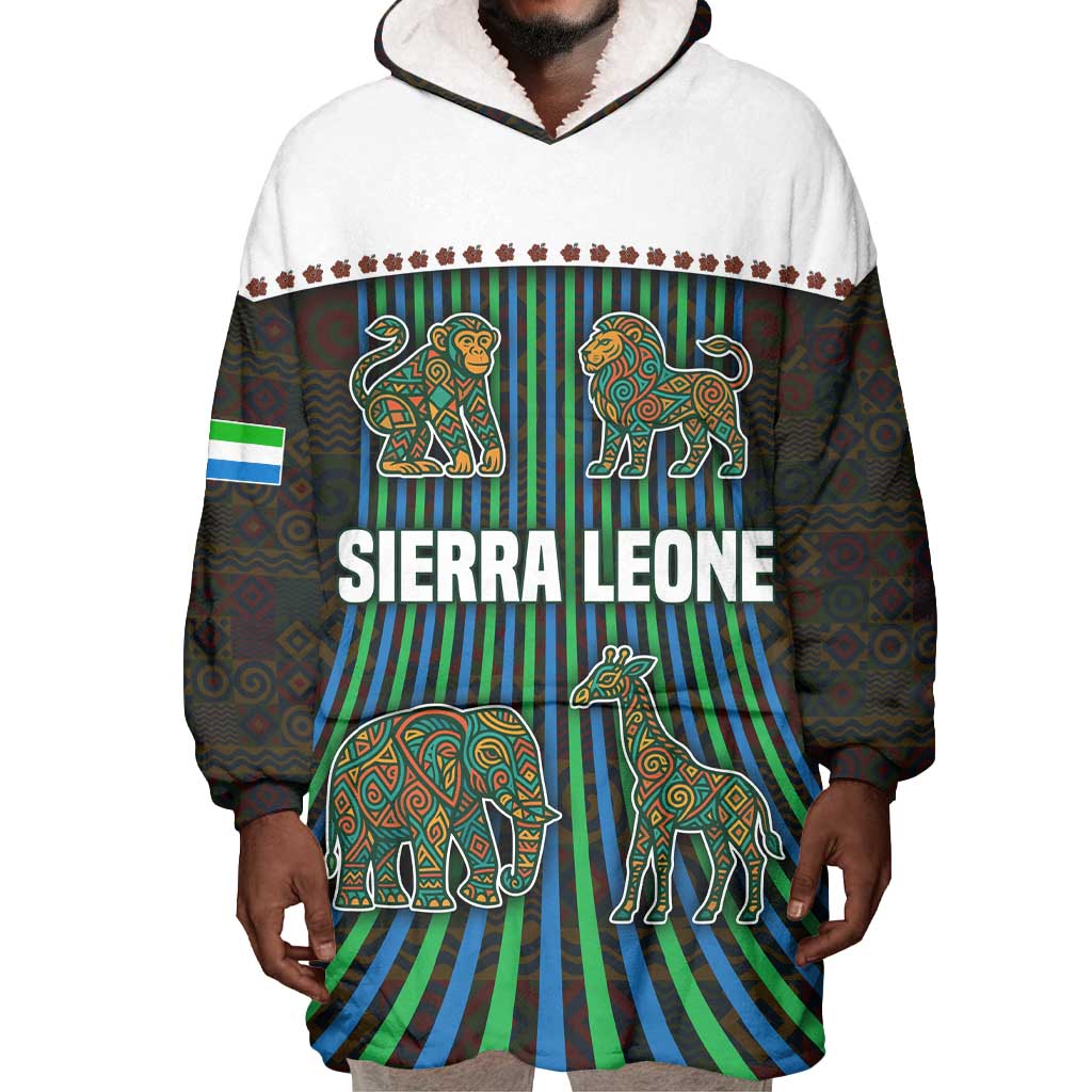 Sierra Leone Wearable Blanket Hoodie - Tribal Animal Pattern Featuring Lion Elephant Giraffe and Monkey TS04