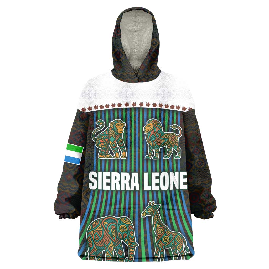 Sierra Leone Wearable Blanket Hoodie - Tribal Animal Pattern Featuring Lion Elephant Giraffe and Monkey TS04