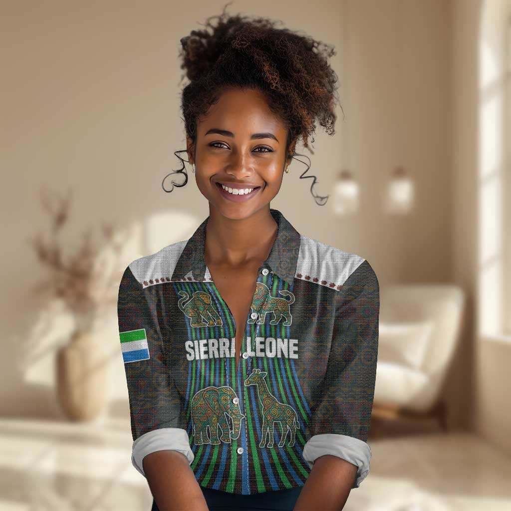 Sierra Leone Women Casual Shirt - Tribal Animal Pattern Featuring Lion Elephant Giraffe and Monkey TS04