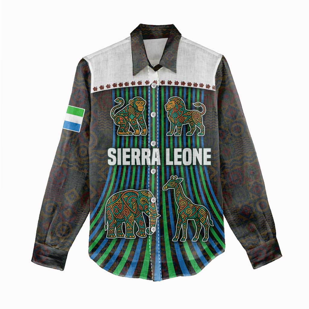 Sierra Leone Women Casual Shirt - Tribal Animal Pattern Featuring Lion Elephant Giraffe and Monkey TS04