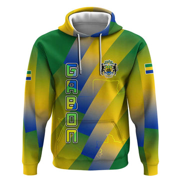 Gabon Flag Colors Hoodie with National Coat of Arms and Vertical Text Design TS04