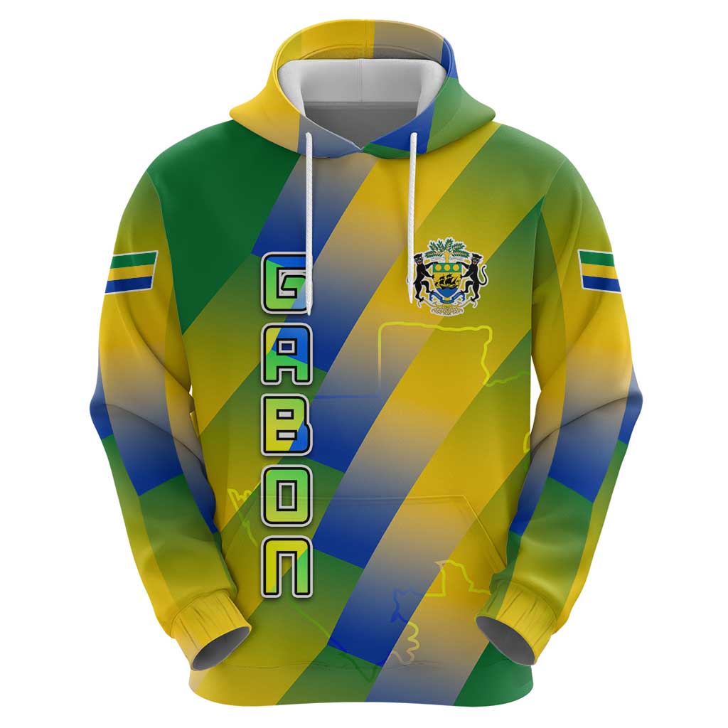 Gabon Flag Colors Hoodie with National Coat of Arms and Vertical Text Design TS04