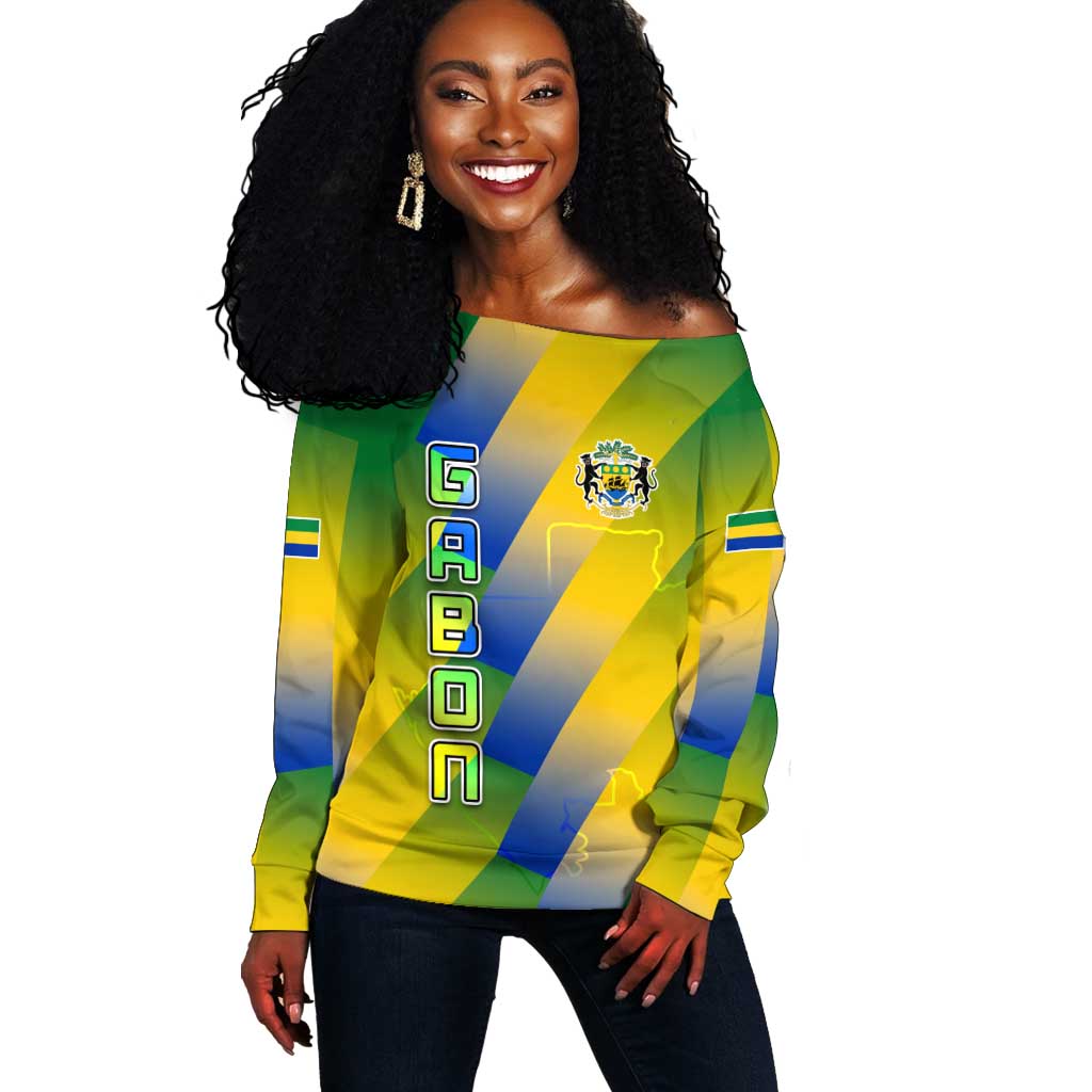 Gabon Flag Off Shoulder Sweater - National Coat of Arms and Vertical Design TS04
