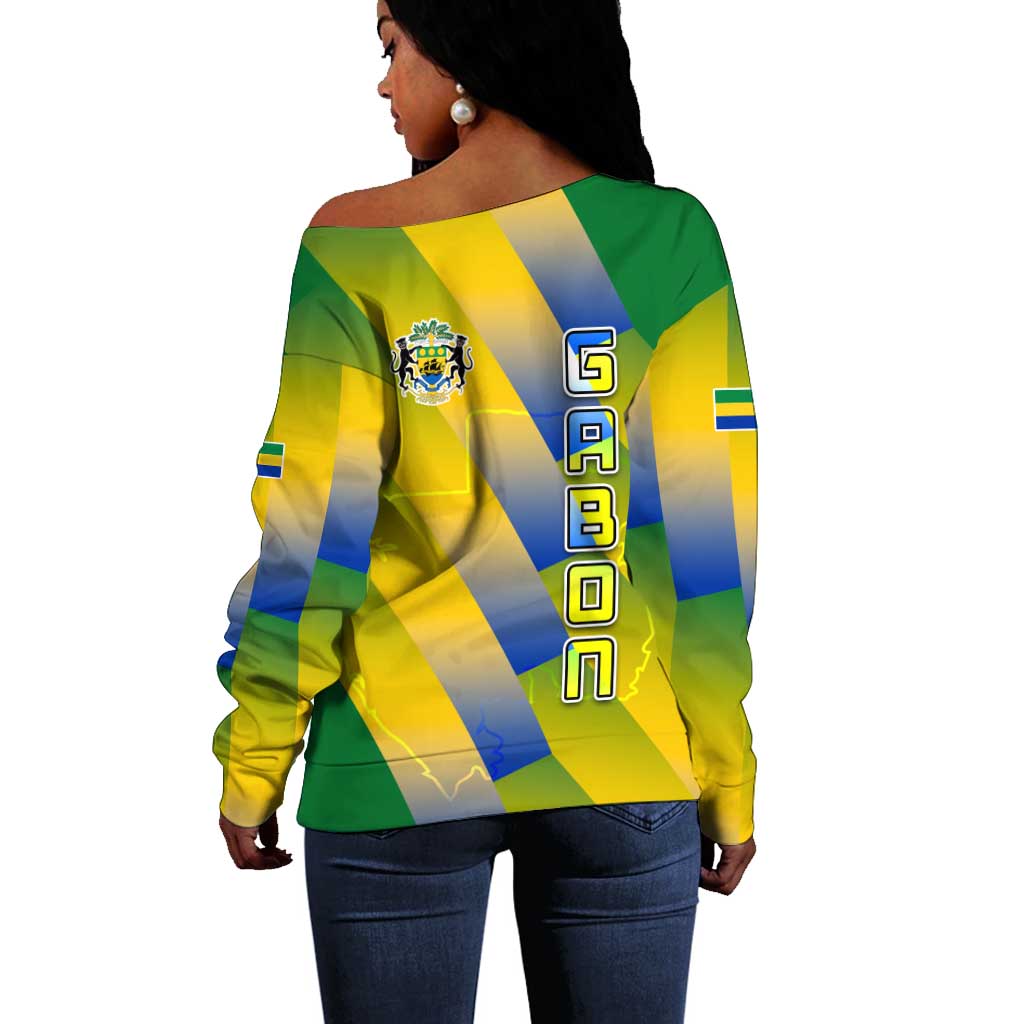 Gabon Flag Off Shoulder Sweater - National Coat of Arms and Vertical Design TS04