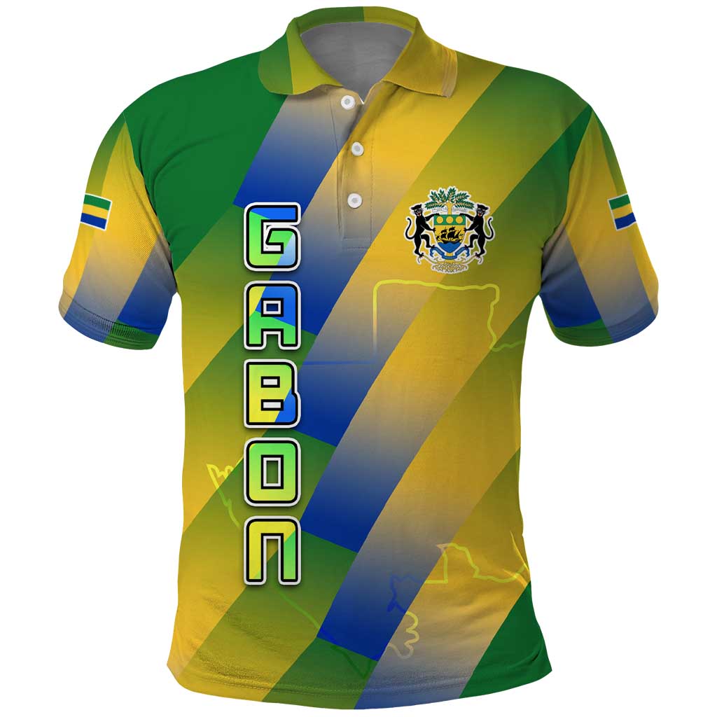 Gabon Flag Colors Polo Shirt with National Coat of Arms and Vertical Text Design TS04