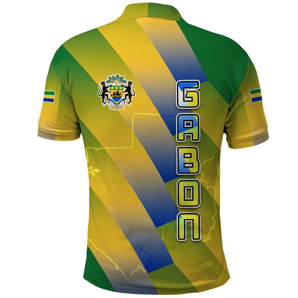 Gabon Flag Colors Polo Shirt with National Coat of Arms and Vertical Text Design TS04