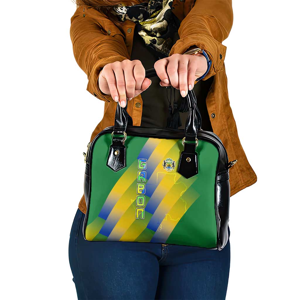 Gabon Flag Colors Shoulder Handbag with National Coat of Arms and Vertical Text Design TS04