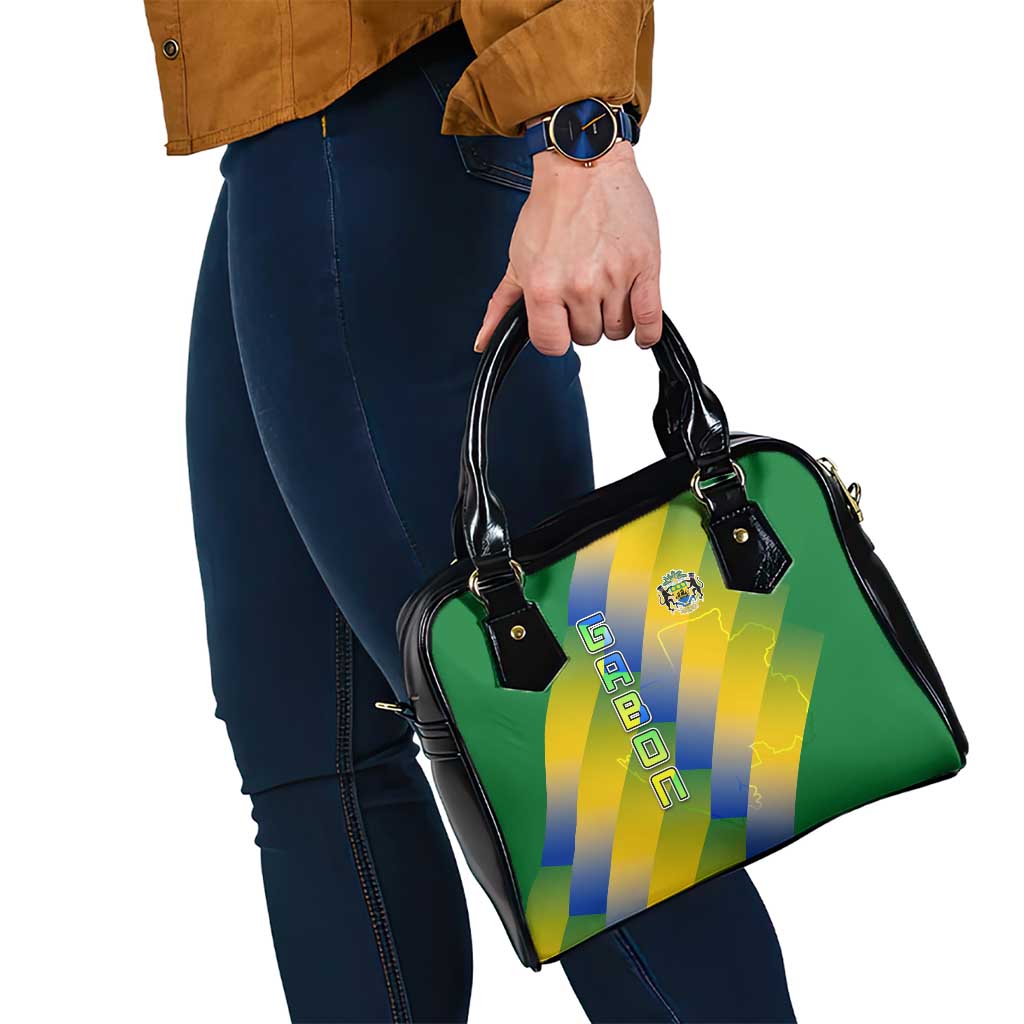 Gabon Flag Colors Shoulder Handbag with National Coat of Arms and Vertical Text Design TS04