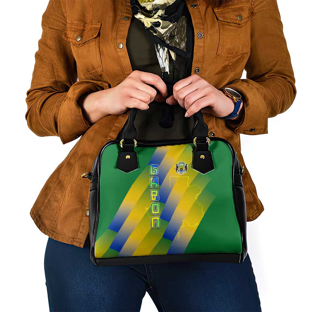 Gabon Flag Colors Shoulder Handbag with National Coat of Arms and Vertical Text Design TS04