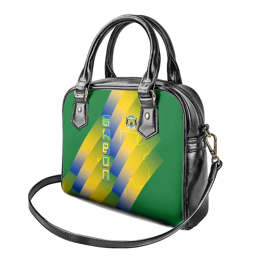 Gabon Flag Colors Shoulder Handbag with National Coat of Arms and Vertical Text Design TS04