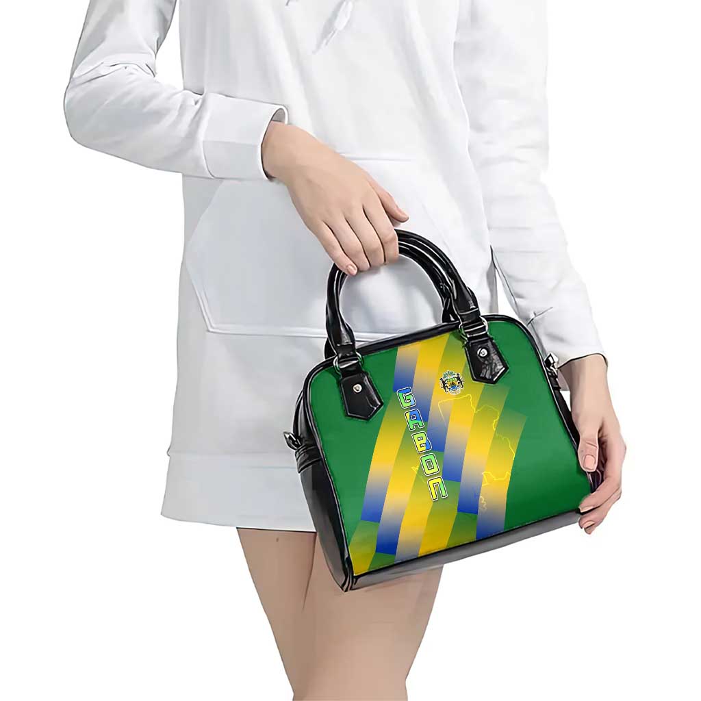 Gabon Flag Colors Shoulder Handbag with National Coat of Arms and Vertical Text Design TS04