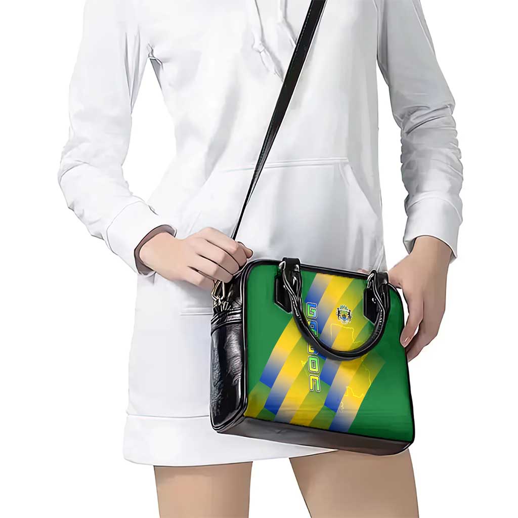 Gabon Flag Colors Shoulder Handbag with National Coat of Arms and Vertical Text Design TS04