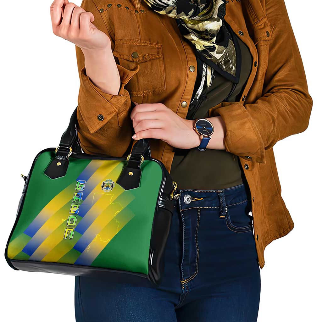 Gabon Flag Colors Shoulder Handbag with National Coat of Arms and Vertical Text Design TS04