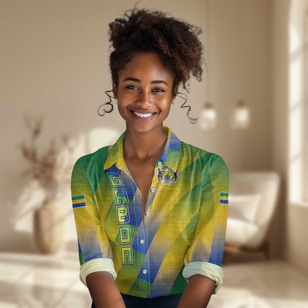 Gabon Flag Women Casual Shirt - National Coat of Arms and Vertical Design TS04