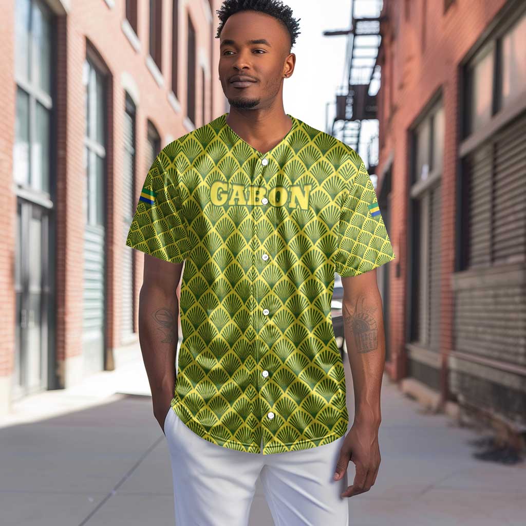 Gabon Tribal Pattern Baseball Jersey - National Flag Colors and Bold Text Design TS04