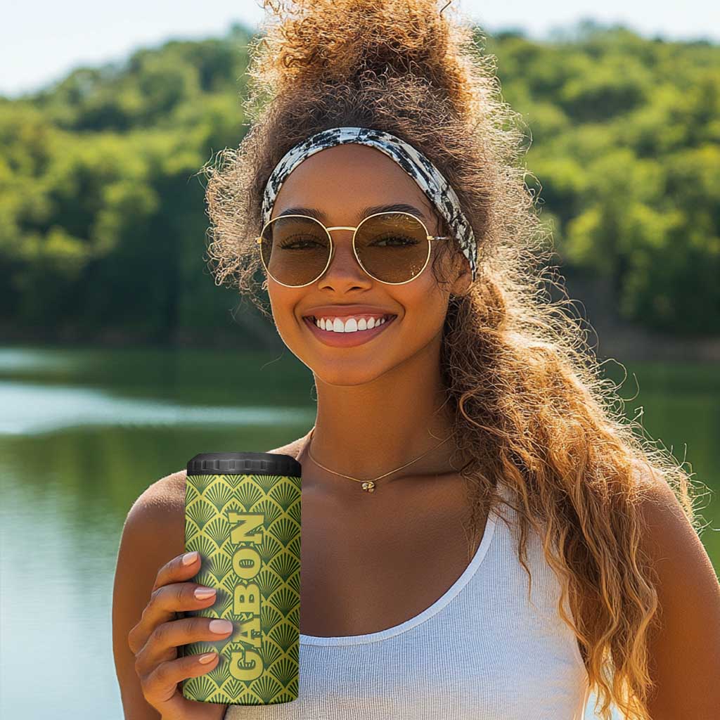 Gabon Tribal Pattern 4 in 1 Can Cooler Tumbler - National Flag Colors and Bold Text Design TS04