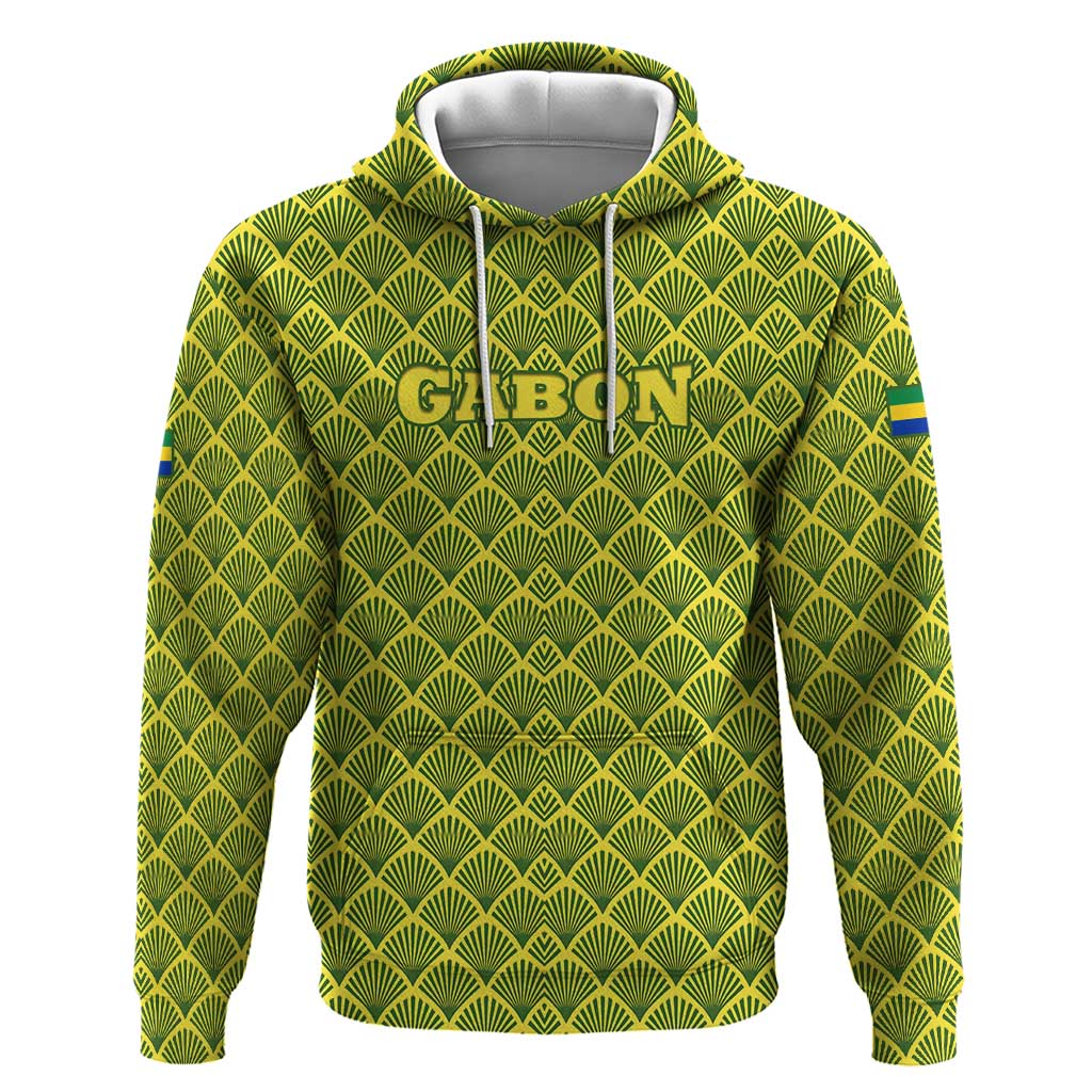 Gabon Tribal Pattern Hoodie with National Flag Colors and Bold Text Design TS04